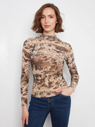 Charlie B Printed Mesh Mock Neck Top