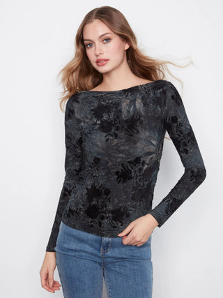 Charlie B Flocked Floral Ruched Boat Neck Top in Midnight