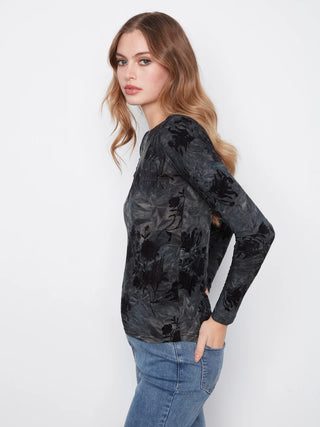 Charlie B Flocked Floral Ruched Boat Neck Top in Midnight