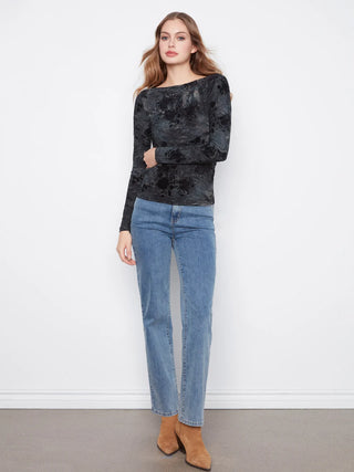 Charlie B Flocked Floral Ruched Boat Neck Top in Midnight
