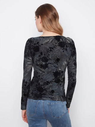 Charlie B Flocked Floral Ruched Boat Neck Top in Midnight