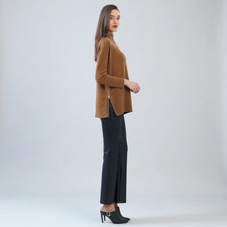 Clara Sunwoo Plush Ribbed Zipper Vent Tunic Sweater in Camel