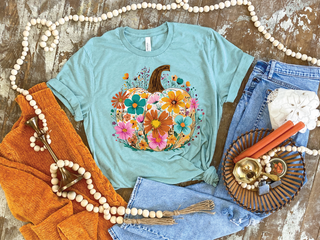 Floral Daisy Pumpkin Tee in Dusty Blue