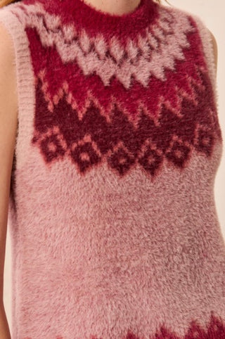 Tribal Crew Neck Fair Isle Sweater Vest in Pink Frost