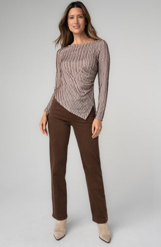 Liverpool Long Sleeve Boat Neck Asymmetric Hem Knit Top with Pleat