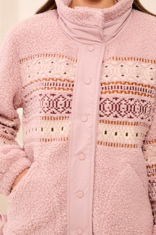 Tribal Lined Sherpa Jacket with Embroidery and Fancy Details in Pink Frost