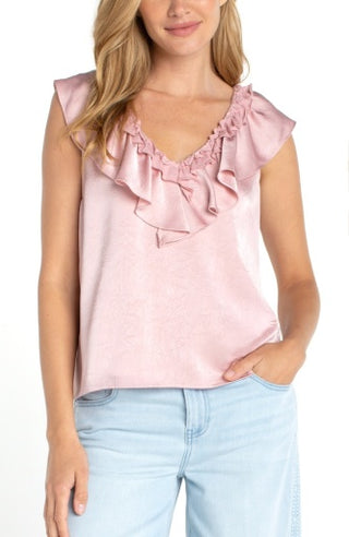 ruffle front sleeveless woven to knit top