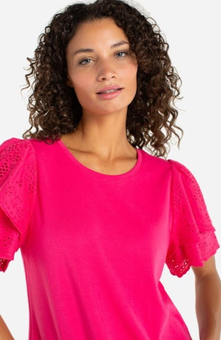 short sleeve knit-to-woven top w/ emb