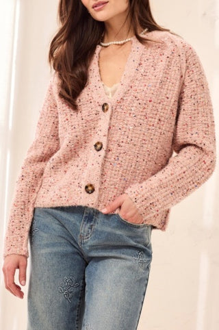 Tribal Tweed-Like Sequined Sweater Cardigan in Macaron