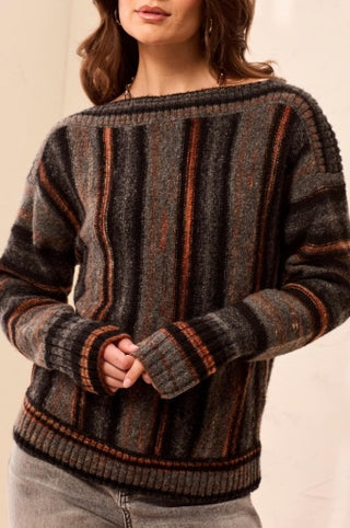 Tribal Yarn Dye Boat Neck Sweater in Steel