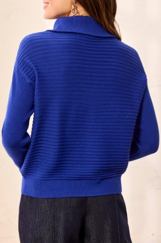 Tribal Soft Zip-Up V-Neck Sweater in Electric Blue