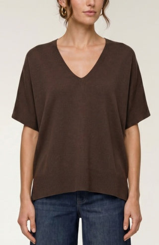 Liverpool Short Sleeve V-Neck Dolman Popover Sweater with Step Hem