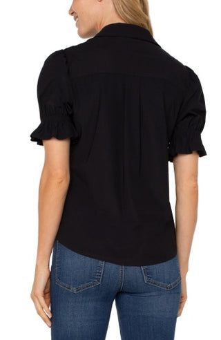 elbow puff sleeve snap front knit shirts