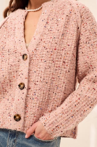 Tribal Tweed-Like Sequined Sweater Cardigan in Macaron