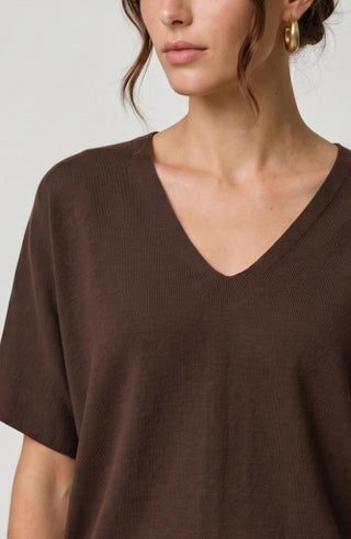 Liverpool Short Sleeve V-Neck Dolman Popover Sweater with Step Hem