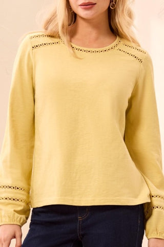 Tribal Long Sleeve Crew Neck Top with Tape Detail — Light Pear