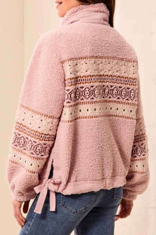 Tribal Lined Sherpa Jacket with Embroidery and Fancy Details in Pink Frost