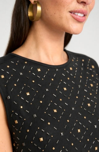 Liverpool Sleeveless Embellished Knit-to-Woven Tee