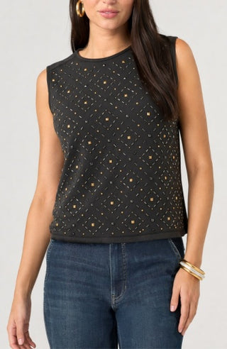 Liverpool Sleeveless Embellished Knit-to-Woven Tee