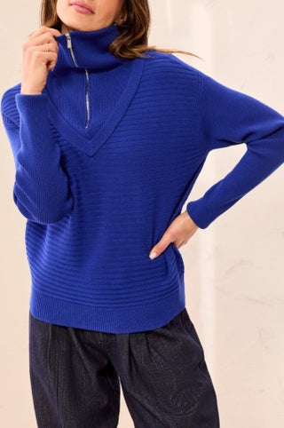 Tribal Soft Zip-Up V-Neck Sweater in Electric Blue
