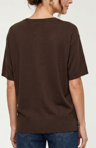 Liverpool Short Sleeve V-Neck Dolman Popover Sweater with Step Hem