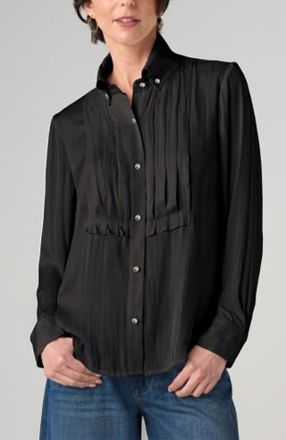 Liverpool Long Sleeve Tuxedo Woven Top with High Collar in Black