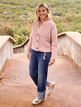 Tribal Tweed-Like Sequined Sweater Cardigan in Macaron