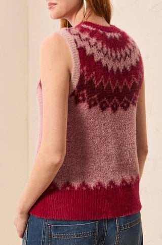Tribal Crew Neck Fair Isle Sweater Vest in Pink Frost