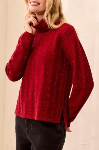 Tribal Turtleneck Cable Stitch Sweater with Side Slits in Pinot
