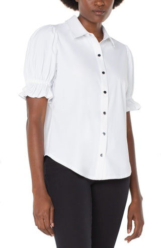 elbow puff sleeve snap front knit shirt