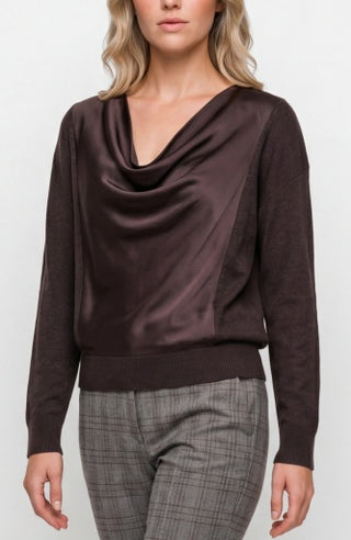 Liverpool Long Sleeve Drape Neck Woven Sweater Hybrid — Java Melange
