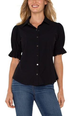 elbow puff sleeve snap front knit shirts