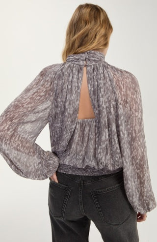 Liverpool Long Sleeve Shirred Mock Neck Woven Top