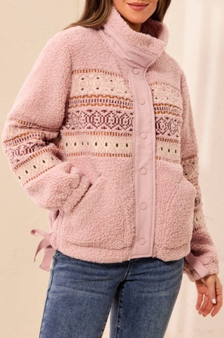 Tribal Lined Sherpa Jacket with Embroidery and Fancy Details in Pink Frost