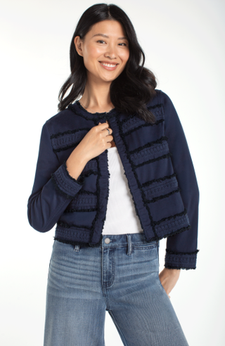 collarless jacket w fray & lace