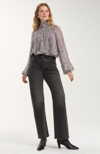 Liverpool Long Sleeve Shirred Mock Neck Woven Top