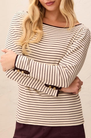 Tribal Long Sleeve Boat Neck Top with Button Detail — Fudge