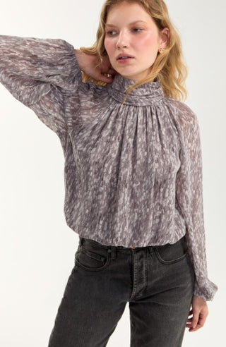 Liverpool Long Sleeve Shirred Mock Neck Woven Top