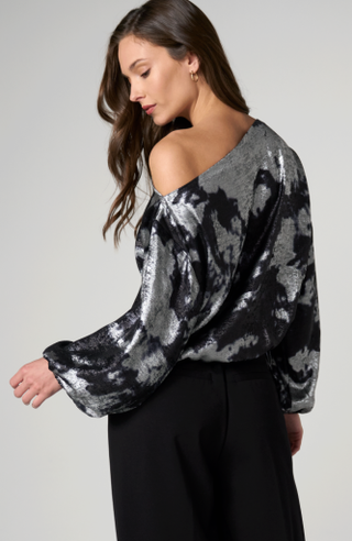 Liverpool Long Sleeve One-Shoulder Woven Top with Ties