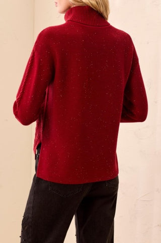 Tribal Turtleneck Cable Stitch Sweater with Side Slits in Pinot