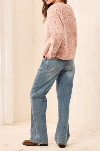 Tribal Tweed-Like Sequined Sweater Cardigan in Macaron