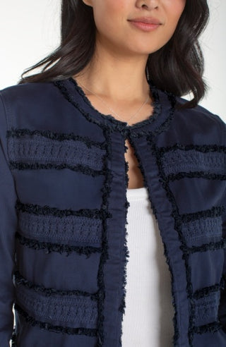 collarless jacket w fray & lace