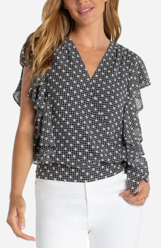 short ruffle sleeve draped front woven blouse