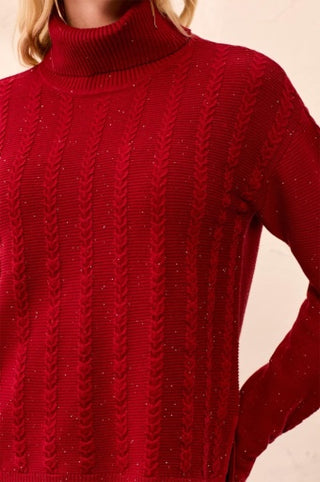 Tribal Turtleneck Cable Stitch Sweater with Side Slits in Pinot
