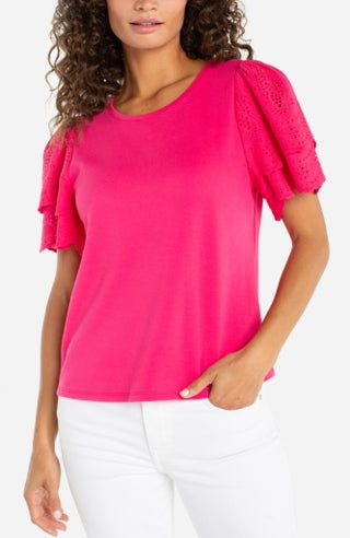 short sleeve knit-to-woven top w/ emb
