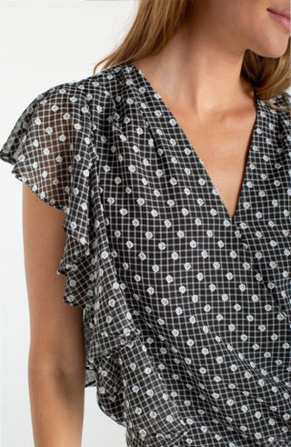 short ruffle sleeve draped front woven blouse