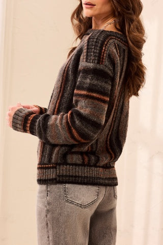Tribal Yarn Dye Boat Neck Sweater in Steel