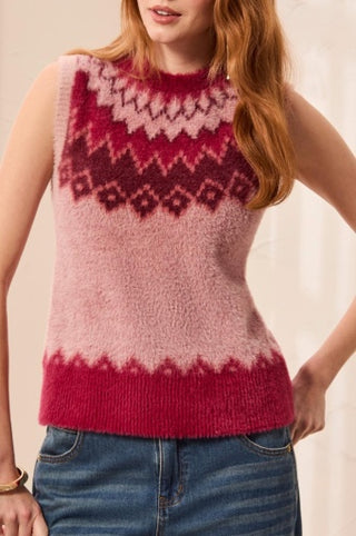 Tribal Crew Neck Fair Isle Sweater Vest in Pink Frost