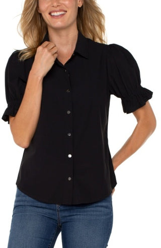 elbow puff sleeve snap front knit shirts