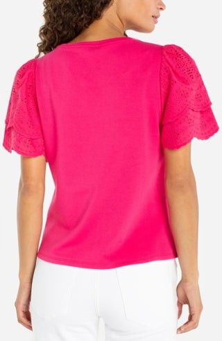 short sleeve knit-to-woven top w/ emb